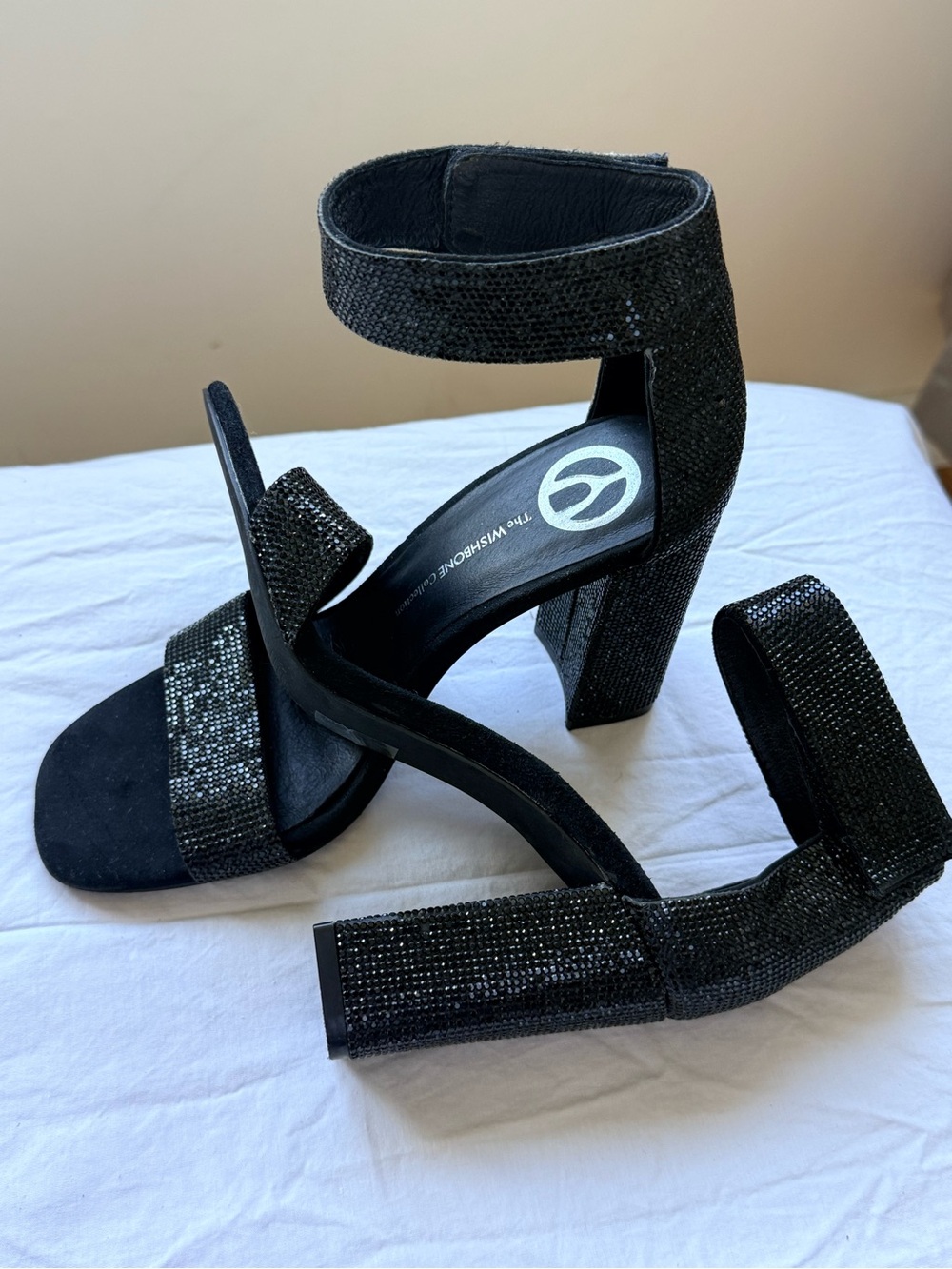 The Wishbone Black Rhinestone Block Heel Sandals - Women's